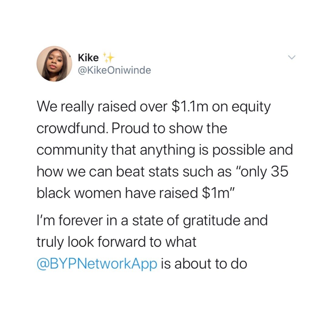 👏👏👏 Another female-founded, black-owned startup doing amazing, amazing things! Congrats to the @BYPNetwork for raising over $1.1million in equity crowdfunding! That's what we like to see🤑🤑🤑⁠
⁠
BYP is a networking platform for black young profes