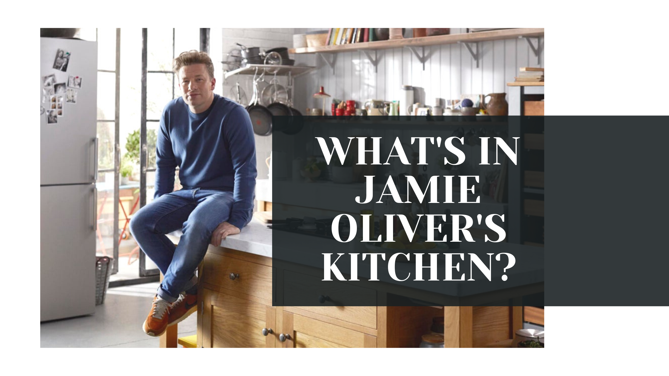Jamie Oliver sitting on his home Kitchen counter.