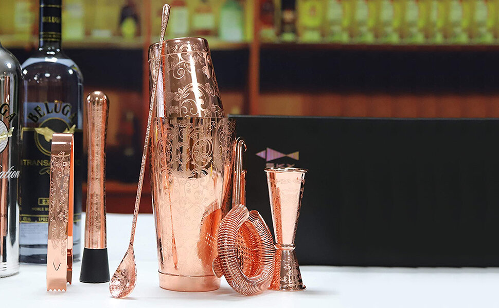 Prince of Scots Bartenders Hammered Solid Copper Cocktail Shaker Set with Bar Tools 
