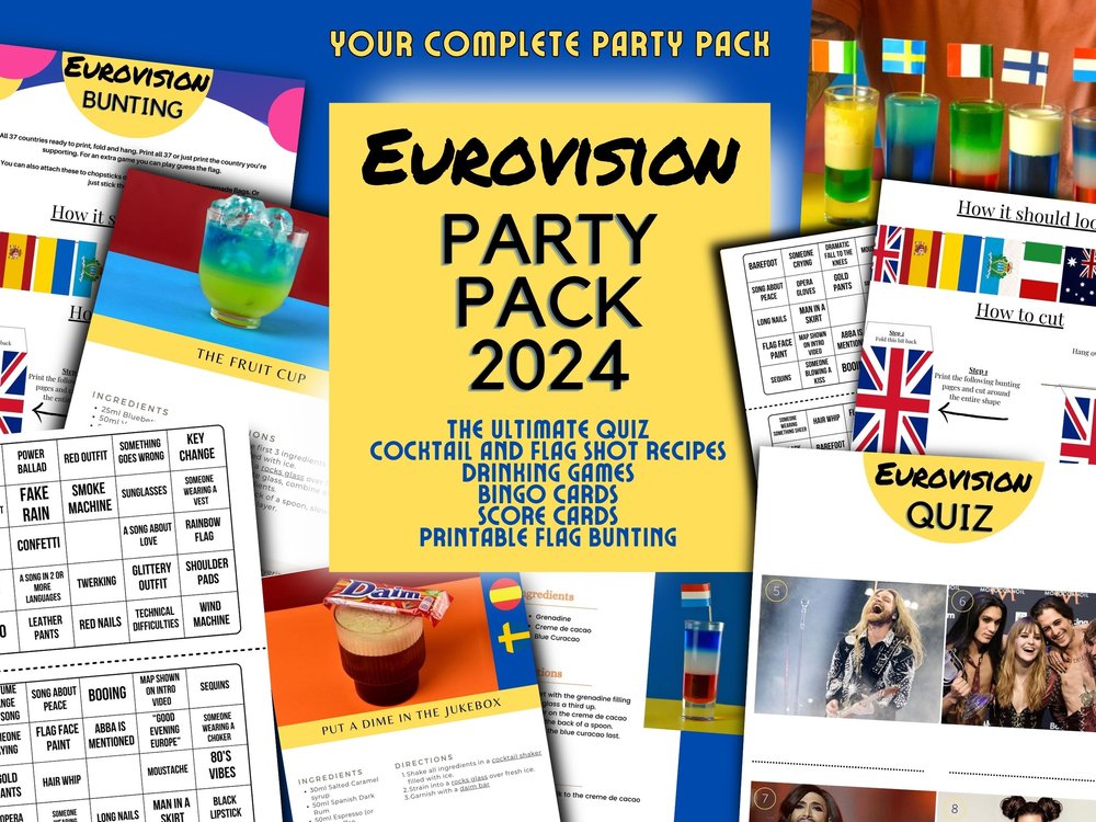 Eurovision 2024 Party Bundle Pack - Eurovision Bingo Cards, Printable Bunting, Quiz, Score Sheets, Drinking Games, Cocktail Recipes and More!