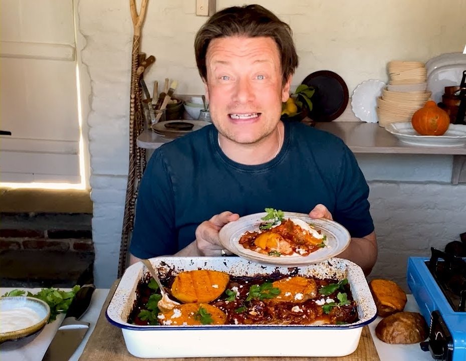 Jamie Oliver with his tray bake.