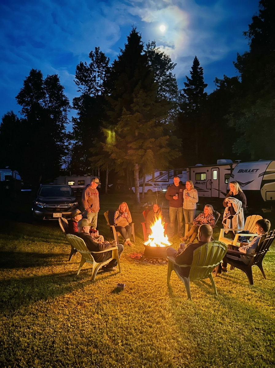 People sitting around a campfire at a campsite