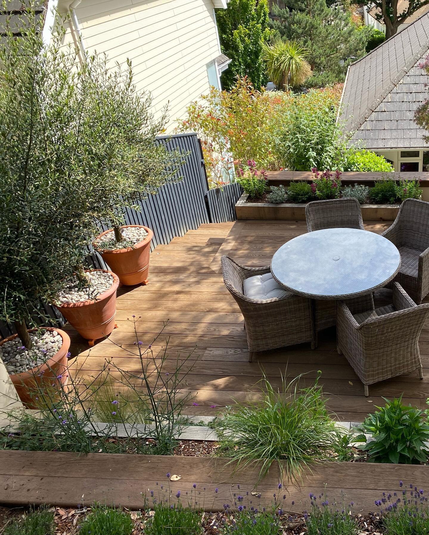 We recently installed this Millboard deck and capping along with a new plant scheme. A tricky elevated position but the finished product is a relaxing usable papacy with a woodland back drop 

#landscaping #gardendesign #planting #millboard #decking 