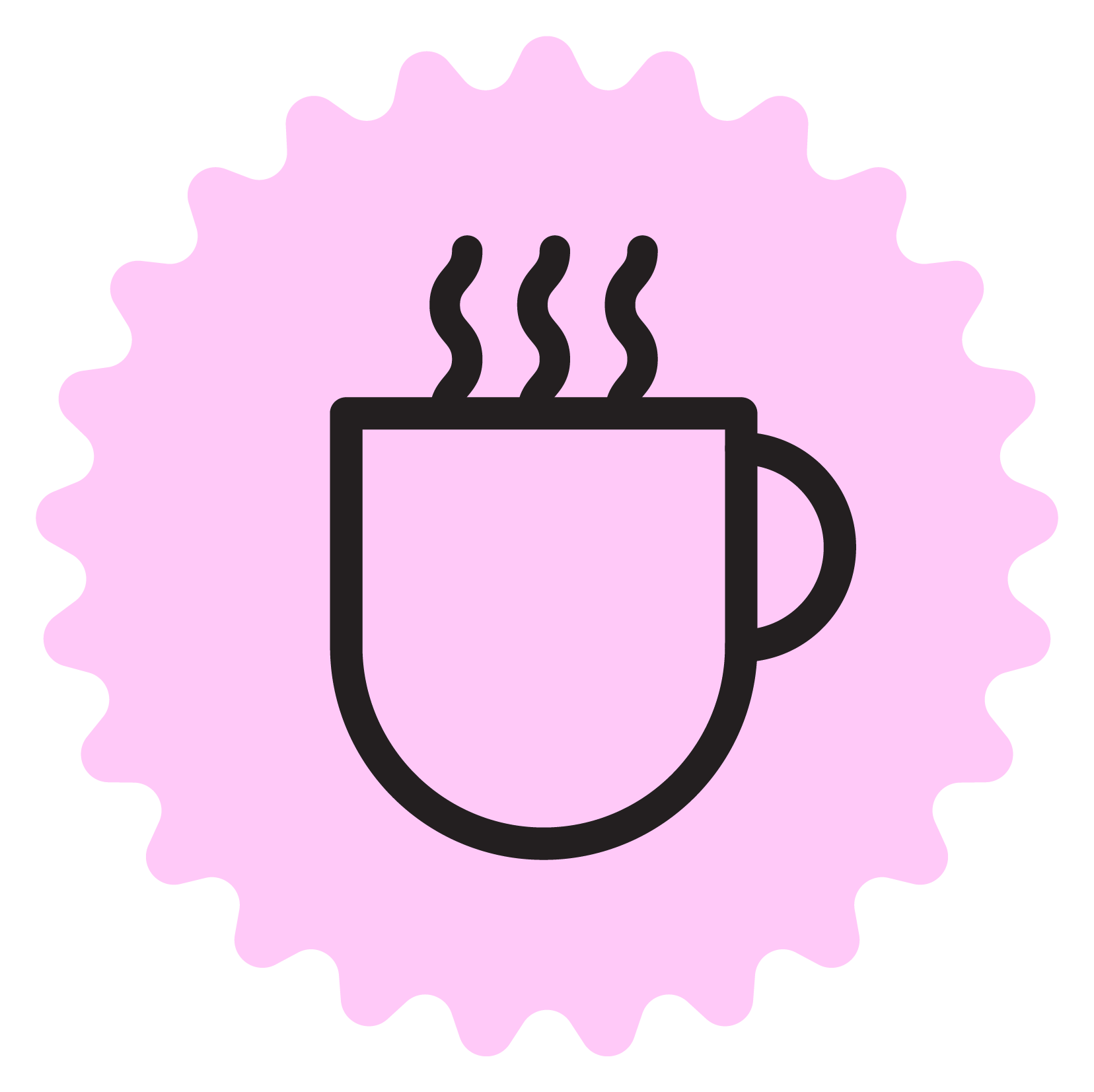 Simple illustration of a steaming mug of coffee or hot beverage on a pink cloud-like background.