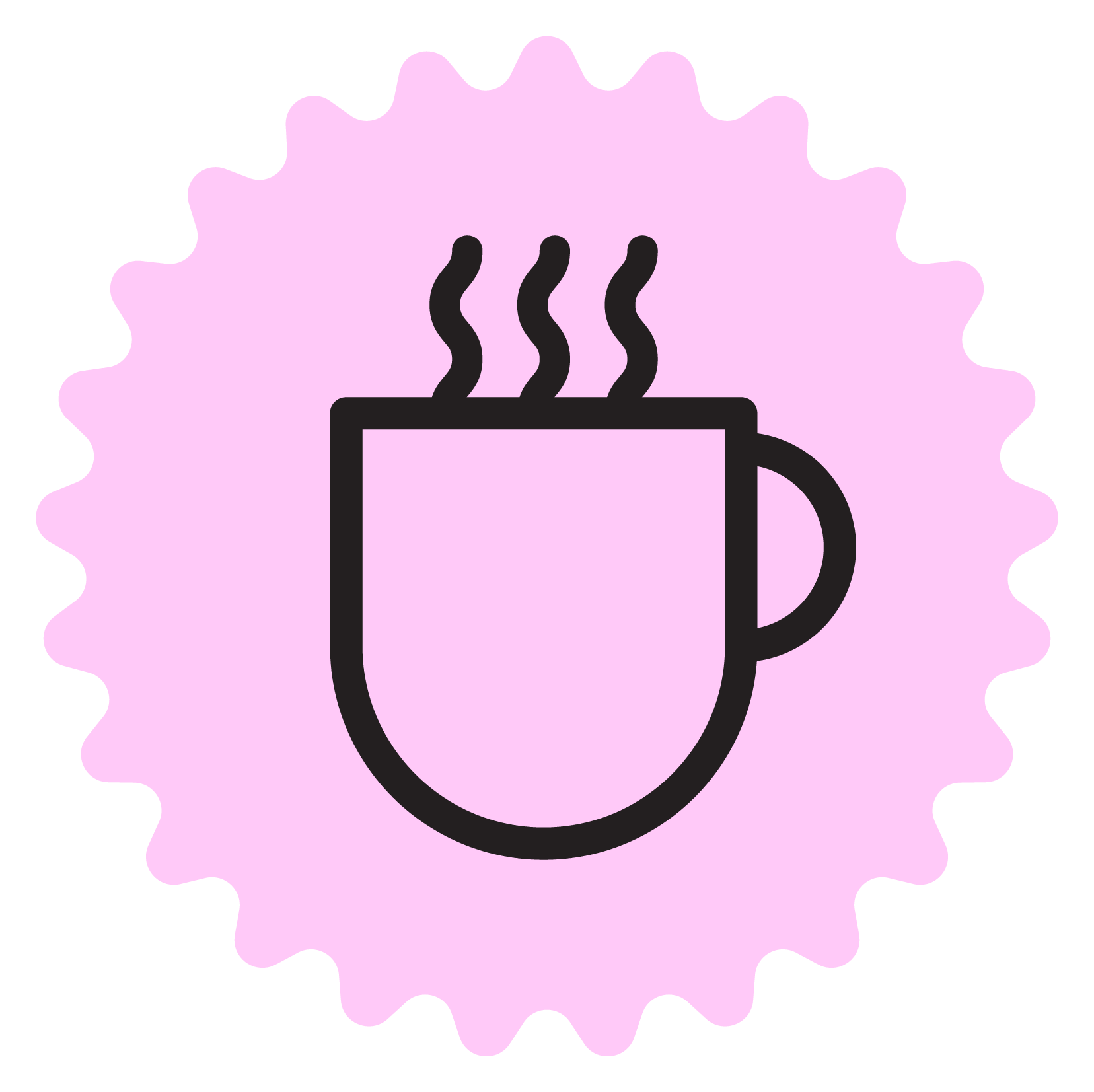 Simple illustration of a steaming coffee mug on a pink background.