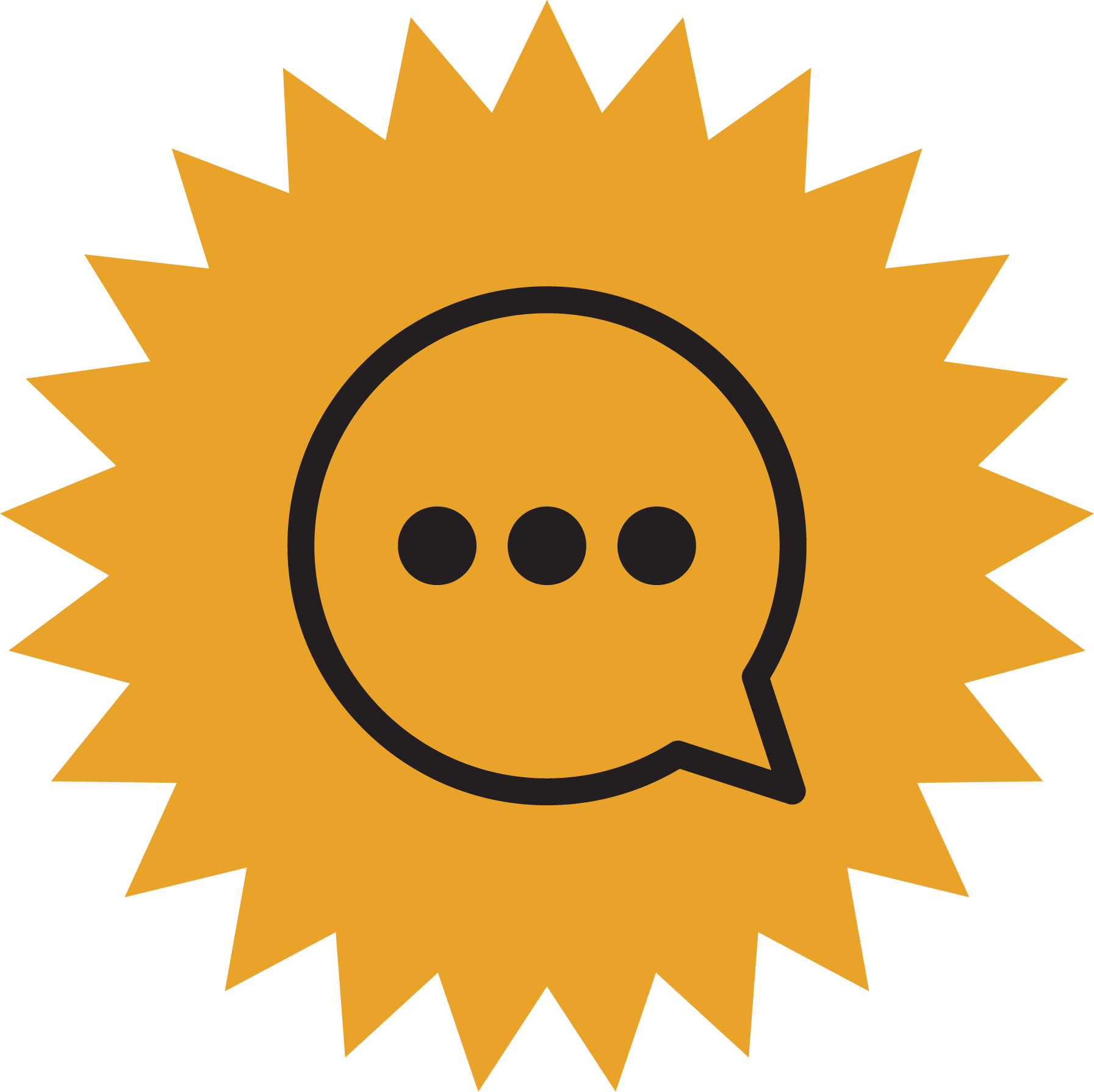 Graphic of a yellow sunburst with a black circle in the center containing three black dots, resembling a button or face.