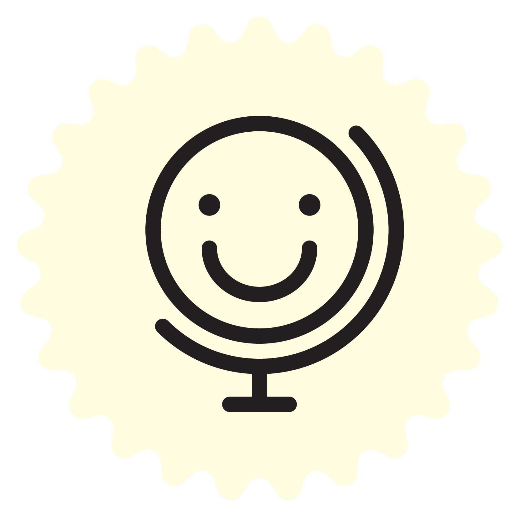 A stylized computer microphone with a smiley face, surrounded by a beige circular gear with a jagged edge.