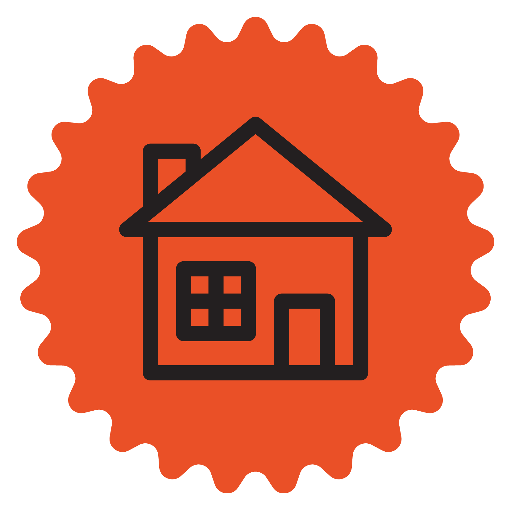 Outline drawing of a house with a chimney, set against an orange, gear-shaped background.