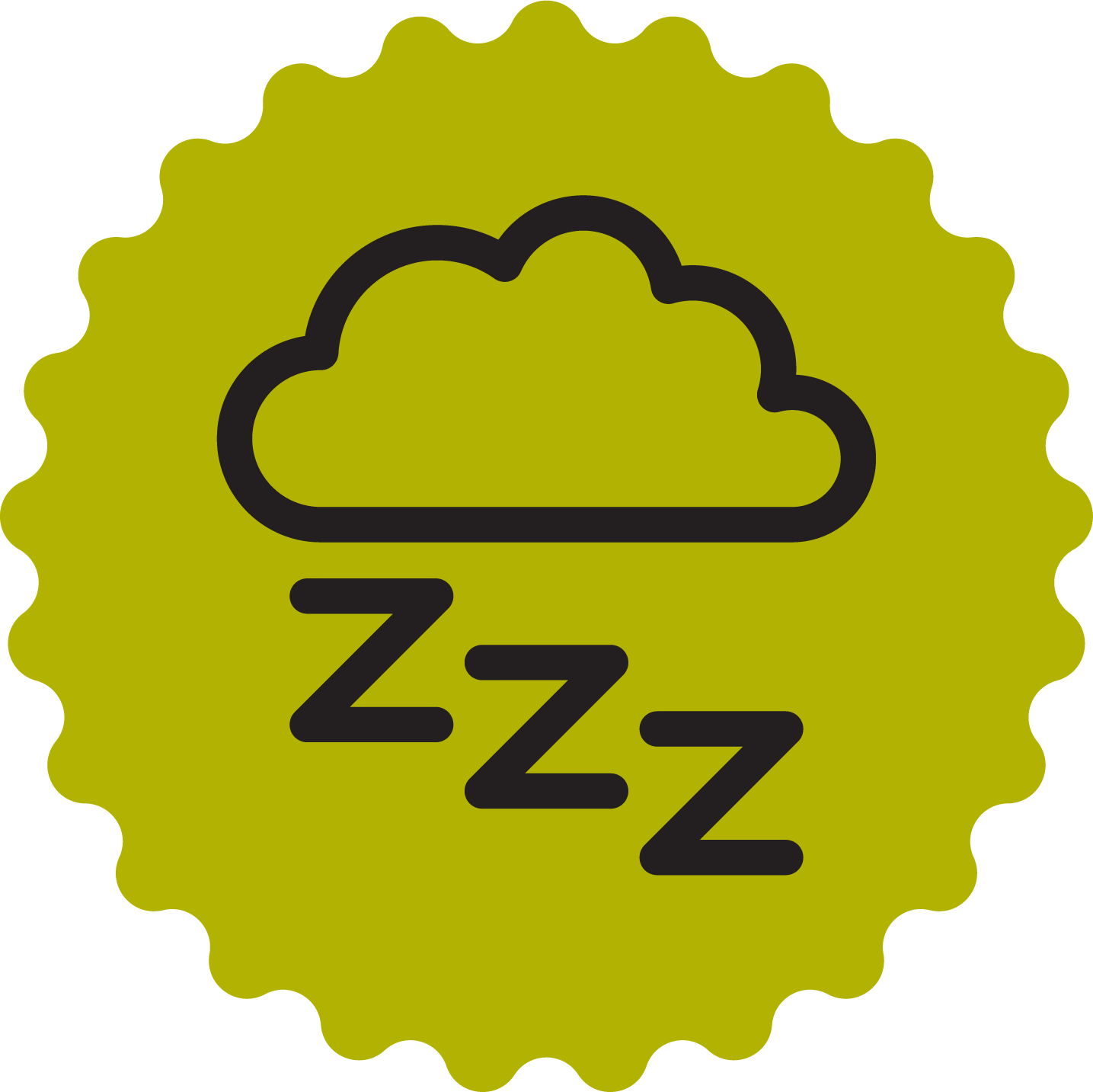 A badge with a green background, a black cloud icon, and black "Zzz" text indicating sleep or resting.
