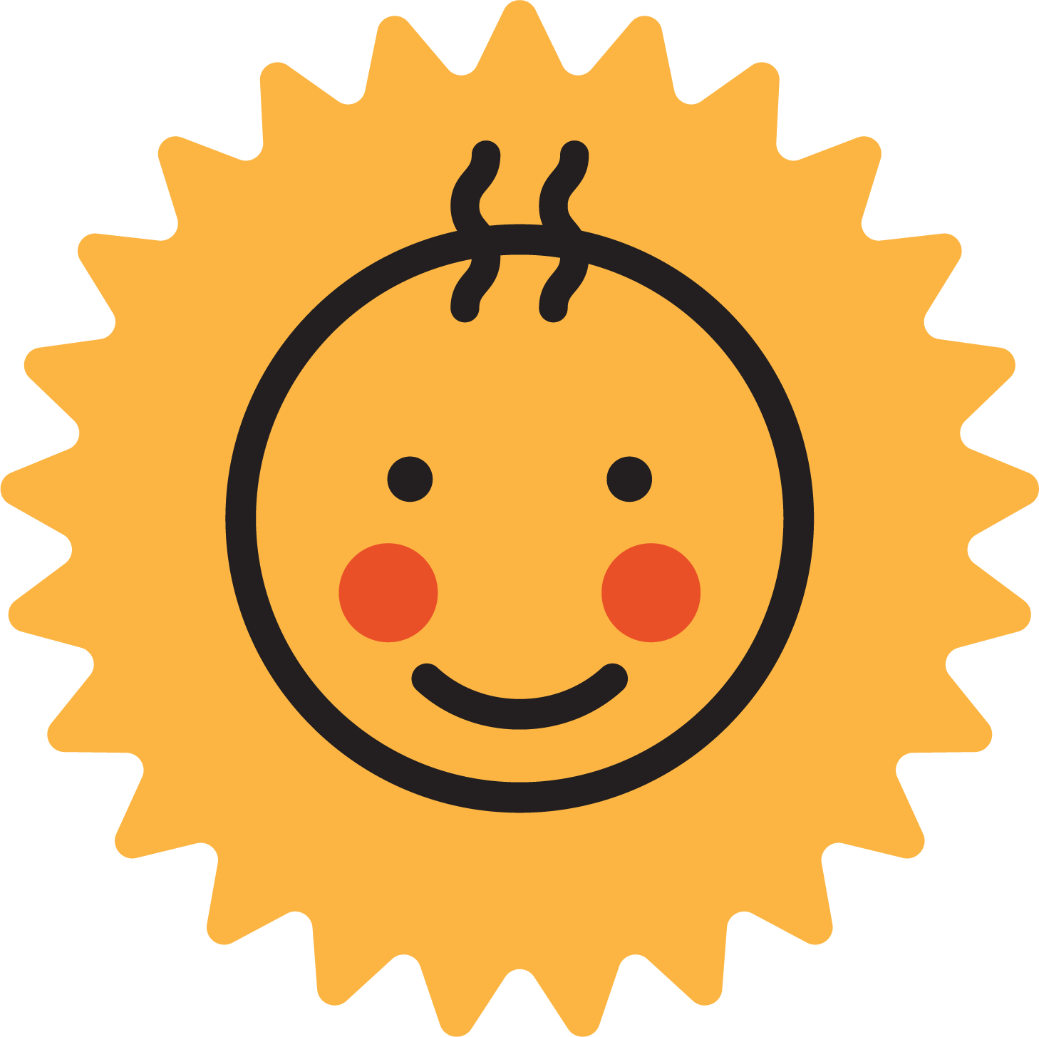 A cartoon sun with a smiling face, with rosy cheeks, two black eyes, and a simple curved mouth, surrounded by yellow rays.