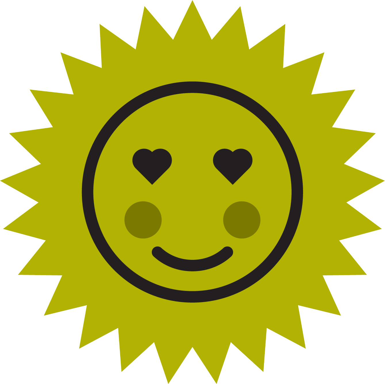 A stylized cartoon sunflower with a smiling face, two heart-shaped eyes, and blush on its cheeks.