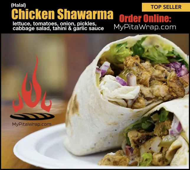 our chicken shawarma wrap is made completely from scratch with our saj bread, lettuce, tomatoes, onion, pickles, and cabbage salad, tahini, and garlic sauce.