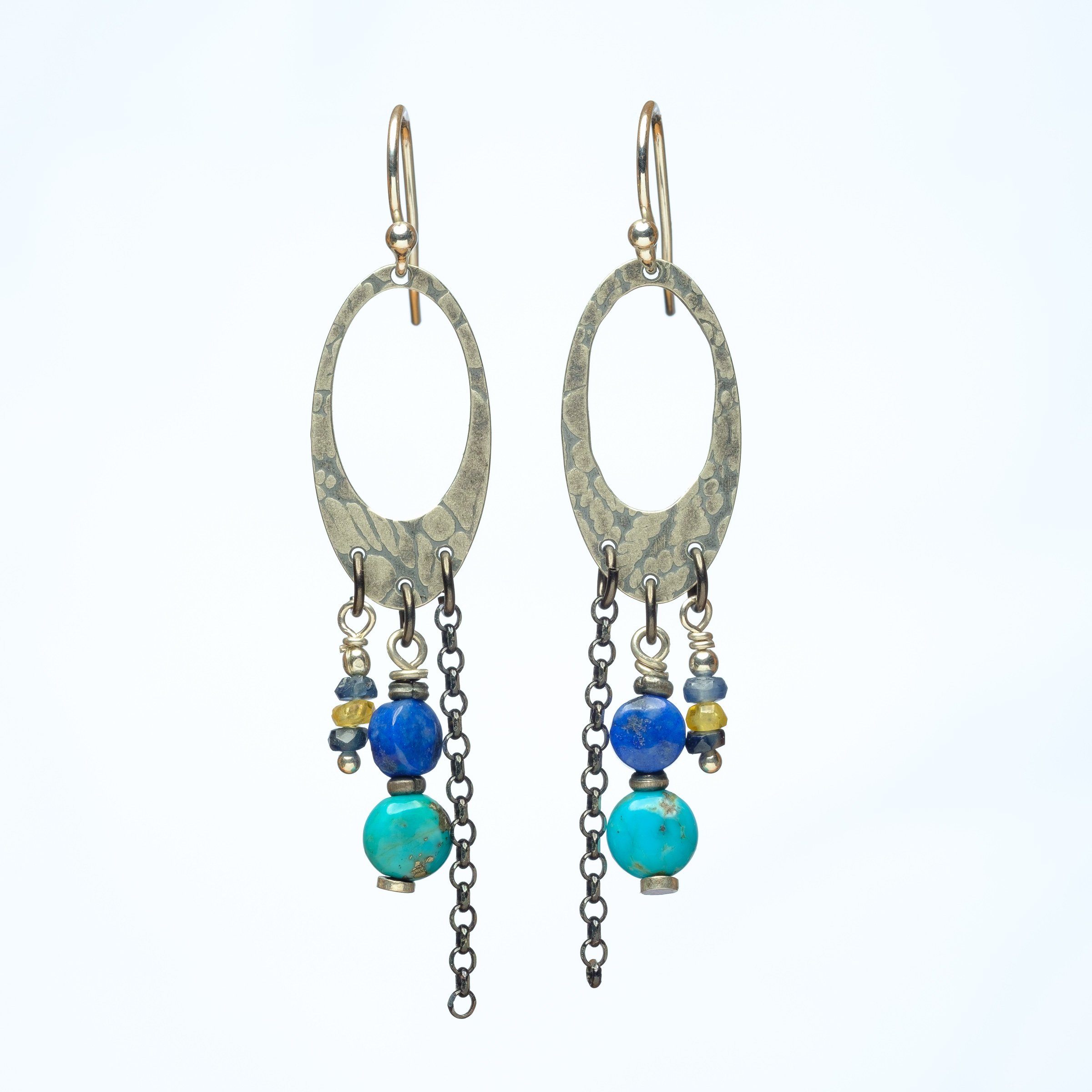 Sterling silver, blue lapis, turquoise, sapphires