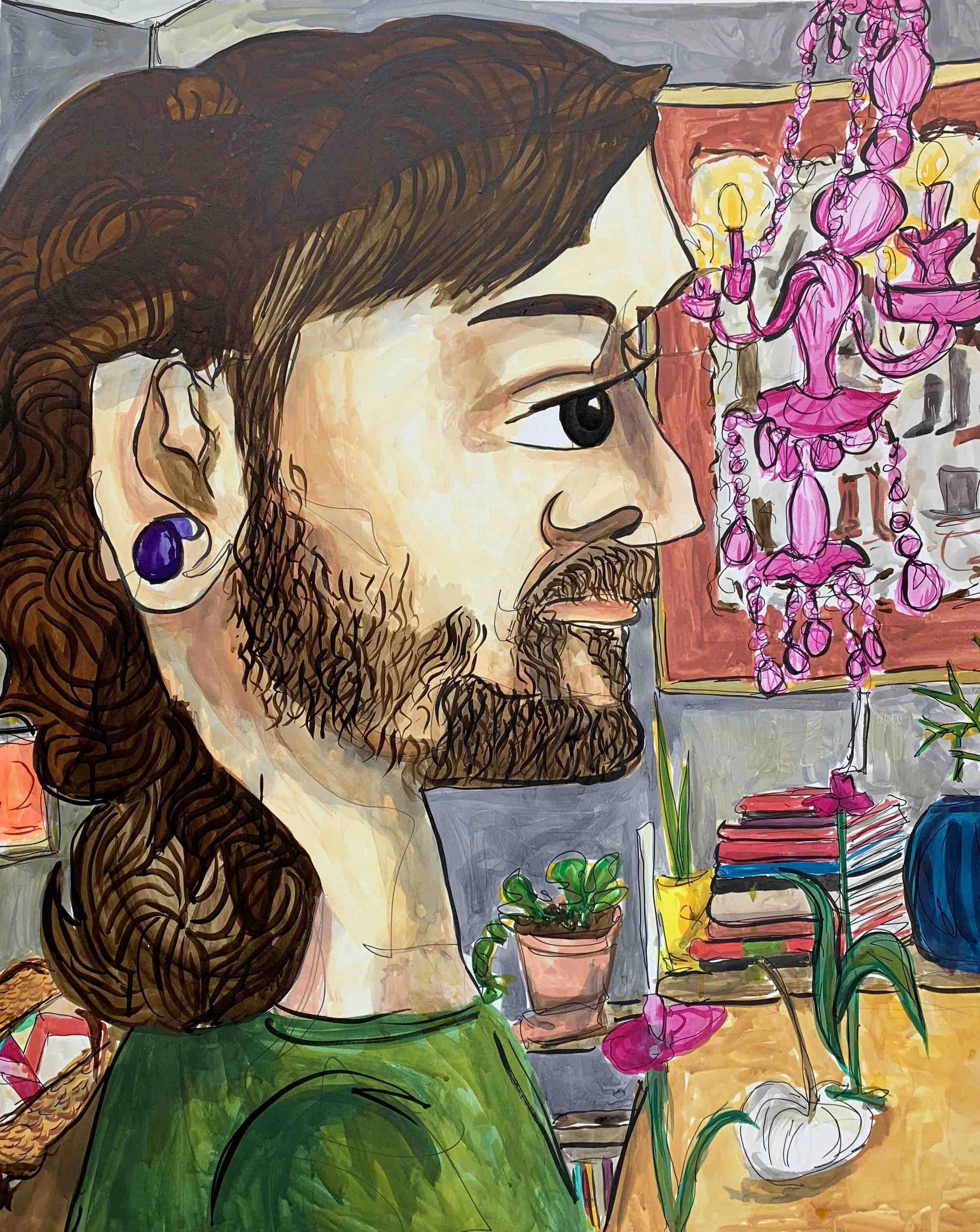 Portrait of Wil Hughes and my pink chandelier40” x 32” ink on paper