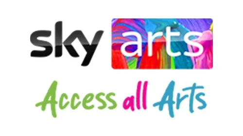 Sky Arts logo with colorful paint strokes and the slogan 'Access all Arts' in green, pink, and blue text.