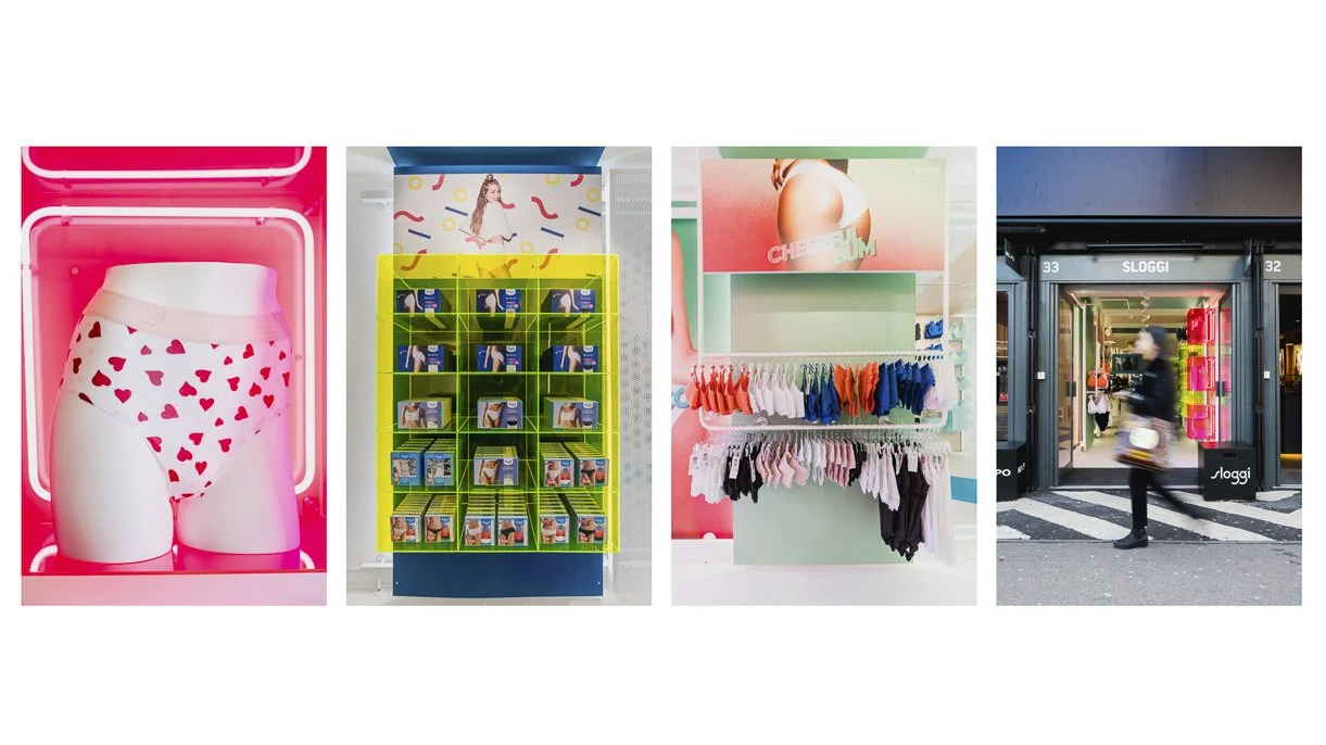 Four retail store displays featuring clothing and accessories. The first shows mannequin lower half with heart-patterned underwear, the second displays packaged socks or tights, the third features colorful underwear on racks, and the fourth shows a p