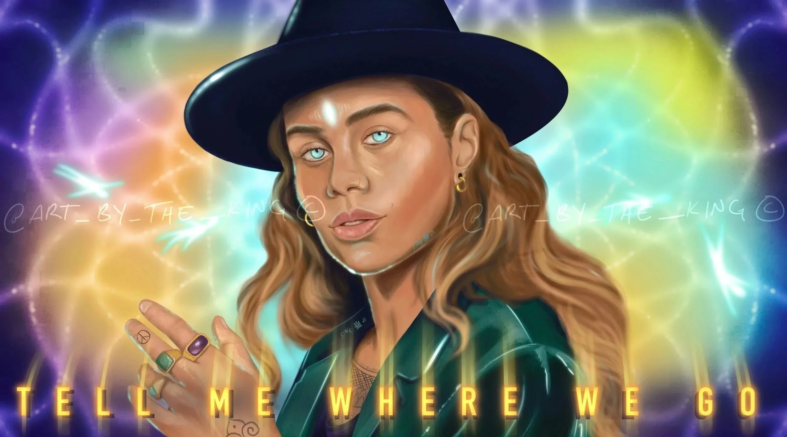 Digital art of a person wearing a black hat and jewelry, colorful abstract background, with the text 'Tell Me Where We Go' at the bottom.