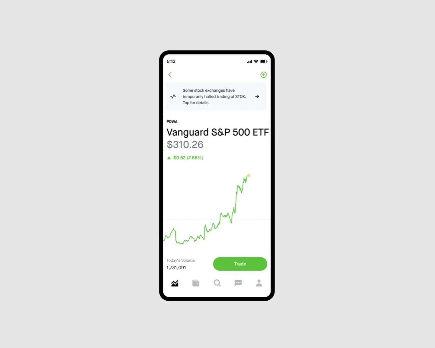 Most info banners will be purely informational and placed in context throughout the app. When they’re used to communicate sensitive information like trading halts, it’s important to direct customers to a page with more context. Include messaging, lik