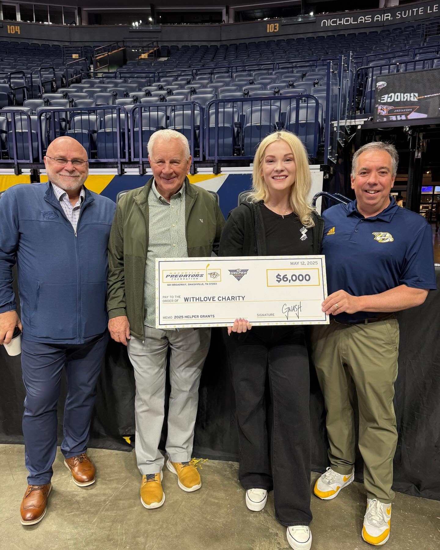 Preds, Puppies, and Purpose&hellip; Oh My! 🏒🐶🫶

Incredible morning yesterday with the @predsfoundation &amp; @predsnhl 💛💙

WithLove attended a beautiful ceremony where we received a Helper Grant alongside 189 other organizations doing remarkable
