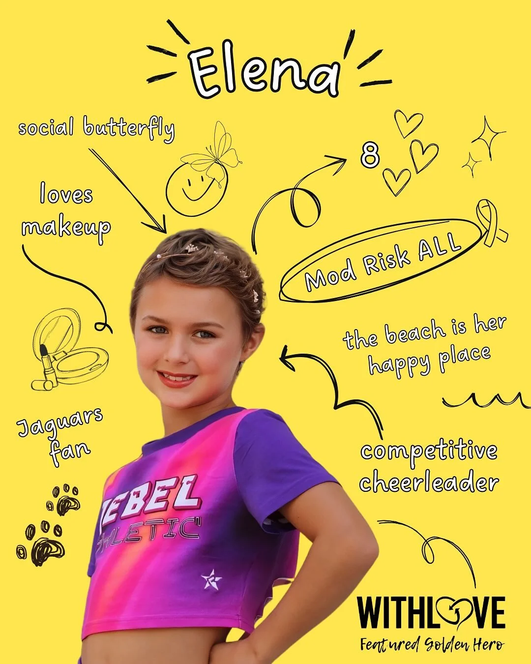 Get to Know Our Golden Hero: Elena 💛

Meet ebullient Elena, a social butterfly who is tumbling her way through life, showing cancer who&rsquo;s boss! Diagnosed with Moderate Risk Acute Lymphoblastic Leukemia last year, she went from never having vis