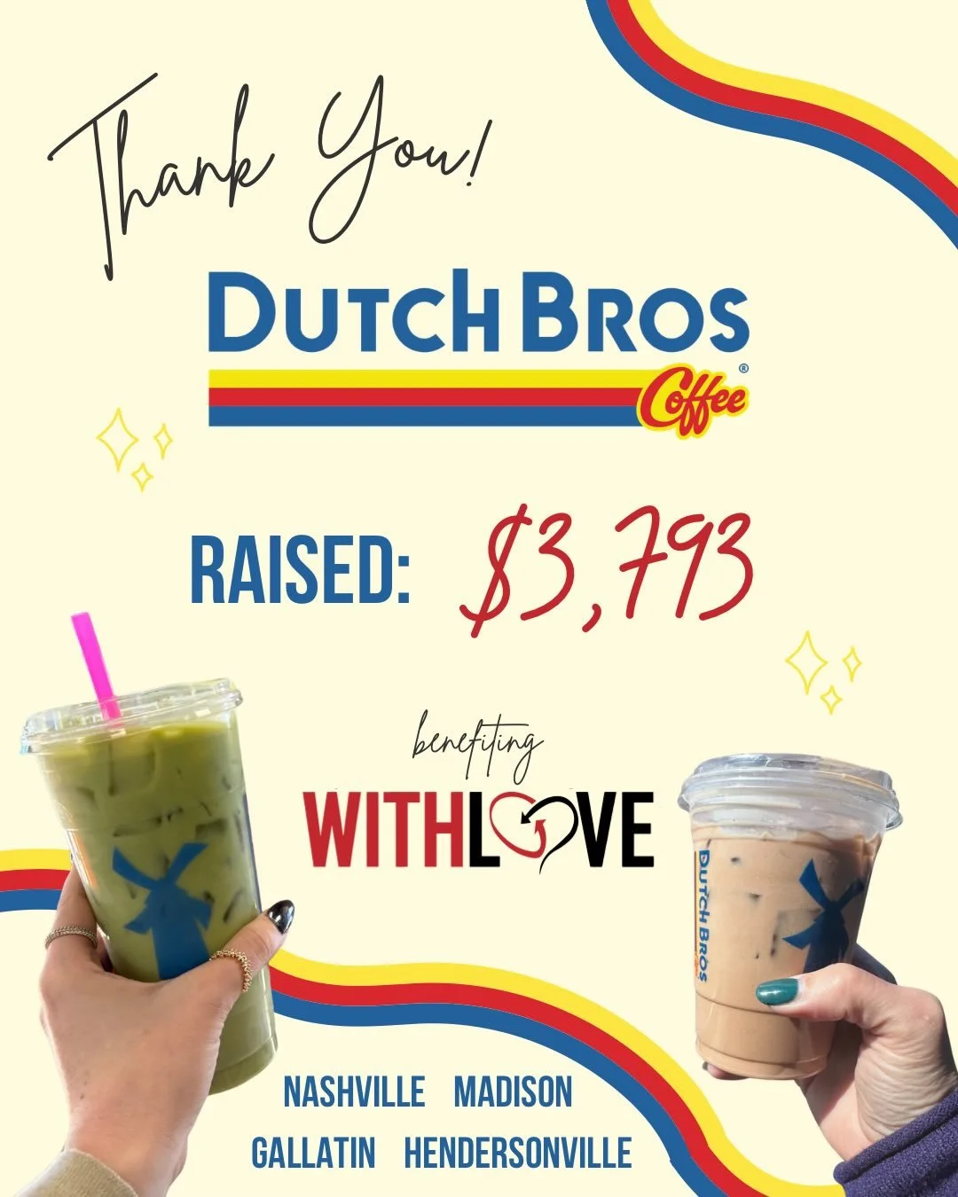 Thank You @dutchbroscoffee ☕️

Last month, six local Dutch Bros Coffee shops held a giveback day for us 💛 we just learned that we raised $3,793 thanks to their commitment to our mission and YOUR love for coffee 😍

These funds were donated by the Du