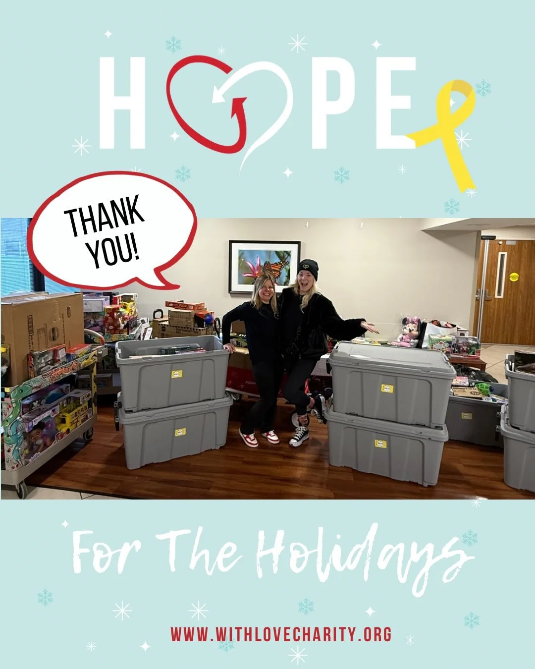 That&rsquo;s a wrap 🎀

HO HO HOPE delivered #withlove thanks to YOU! 

Our H💛PE for the Holidays campaign has officially wrapped and we&rsquo;re so excited to share that:
🎁 over 300 toys were gifted
🎁 250 holiday bears were dropped off 
🎁 24 bla