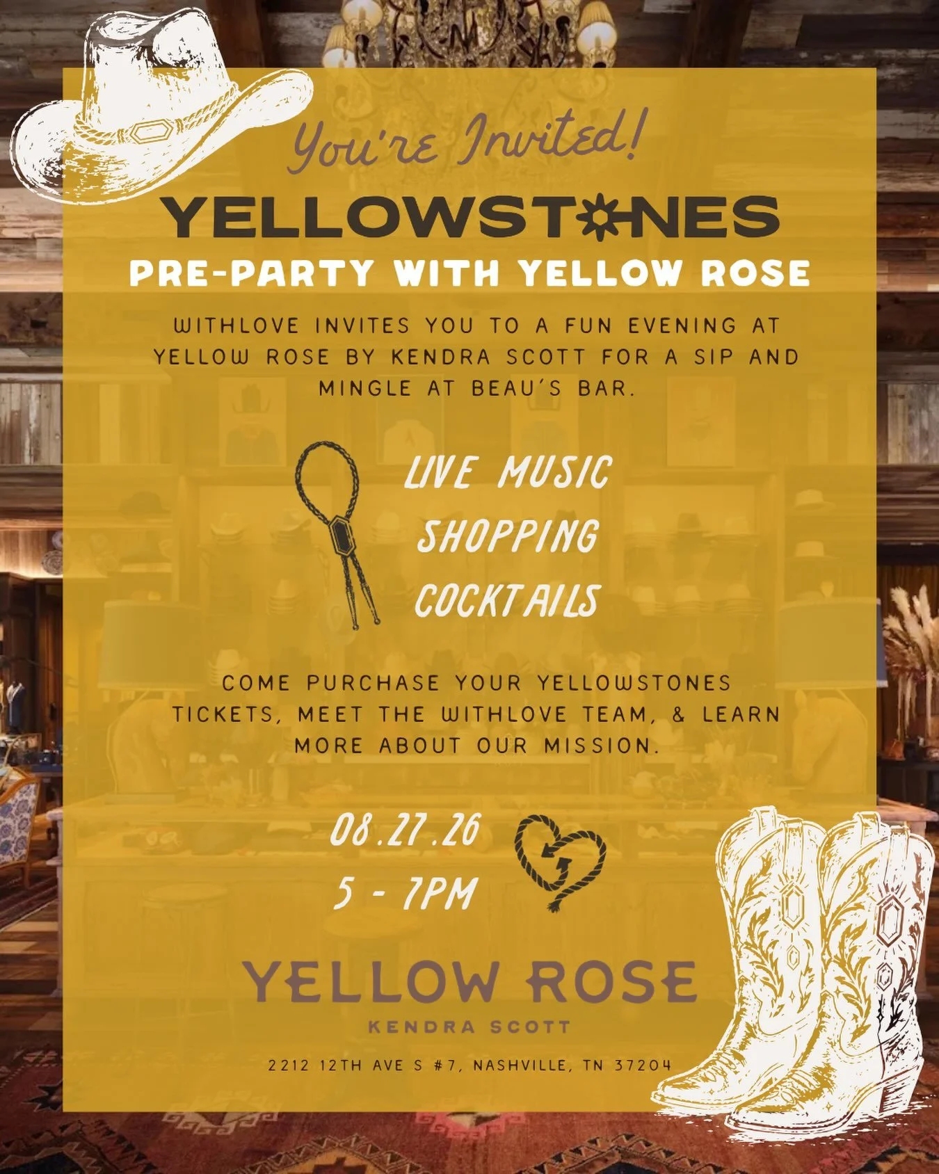 🤠 Did someone say PRE-PARTY?! 🎉

We&rsquo;re kicking off the road to YellowStones with a community pre-party at @yellowrosebykendrascott on August 27!

Come sip &amp; mingle at Beau&rsquo;s Bar, enjoy signature cocktails and live music, shop the Ye