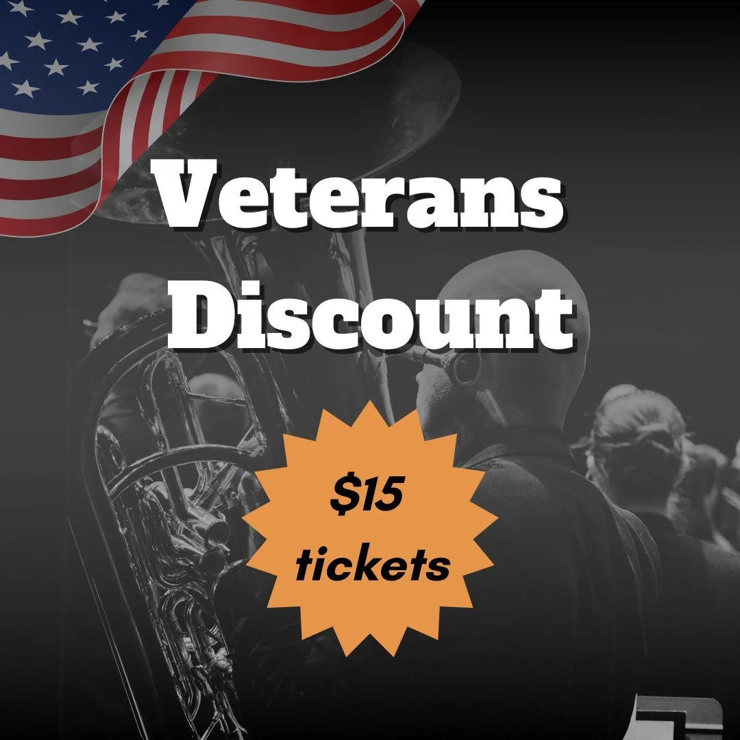 We offer discounted tickets for those who have served our country. This applies to all of our concerts. 
Join us for our Salute to Service concert to celebrate and honor those who have answered the call to serve in our United States Armed Forces. Th