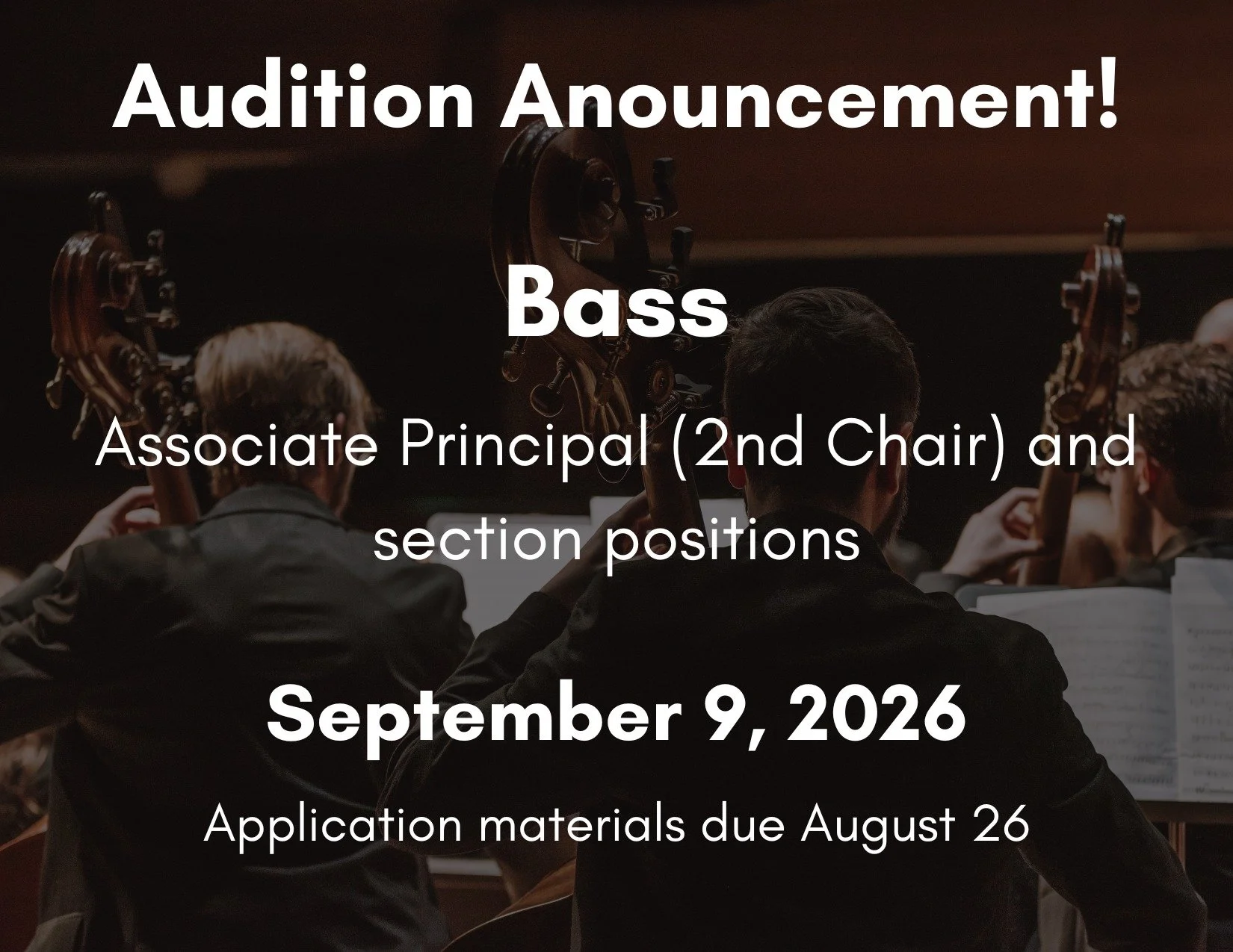 Audition announcement!

The GPO is auditioning for several positions this September in bass, trumpet, horn, timpani, and cello! Full details, including season schedule and repertoire at www.greeleyphil.org/employment

2026/2027 Per Service Rates: Pri