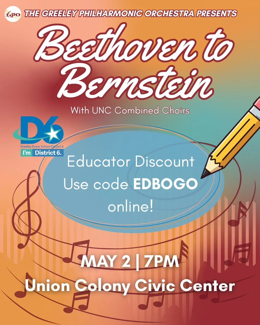 We're starting Teacher Appreciation Week a little early. Greeley-Evans School District 6 educators can get BOGO tickets to Beethoven to Bernstein by using code EDBOGO when you purchase online!

Beethoven to Bernstein
7 PM
May 2, 2026
Union Colony Civ