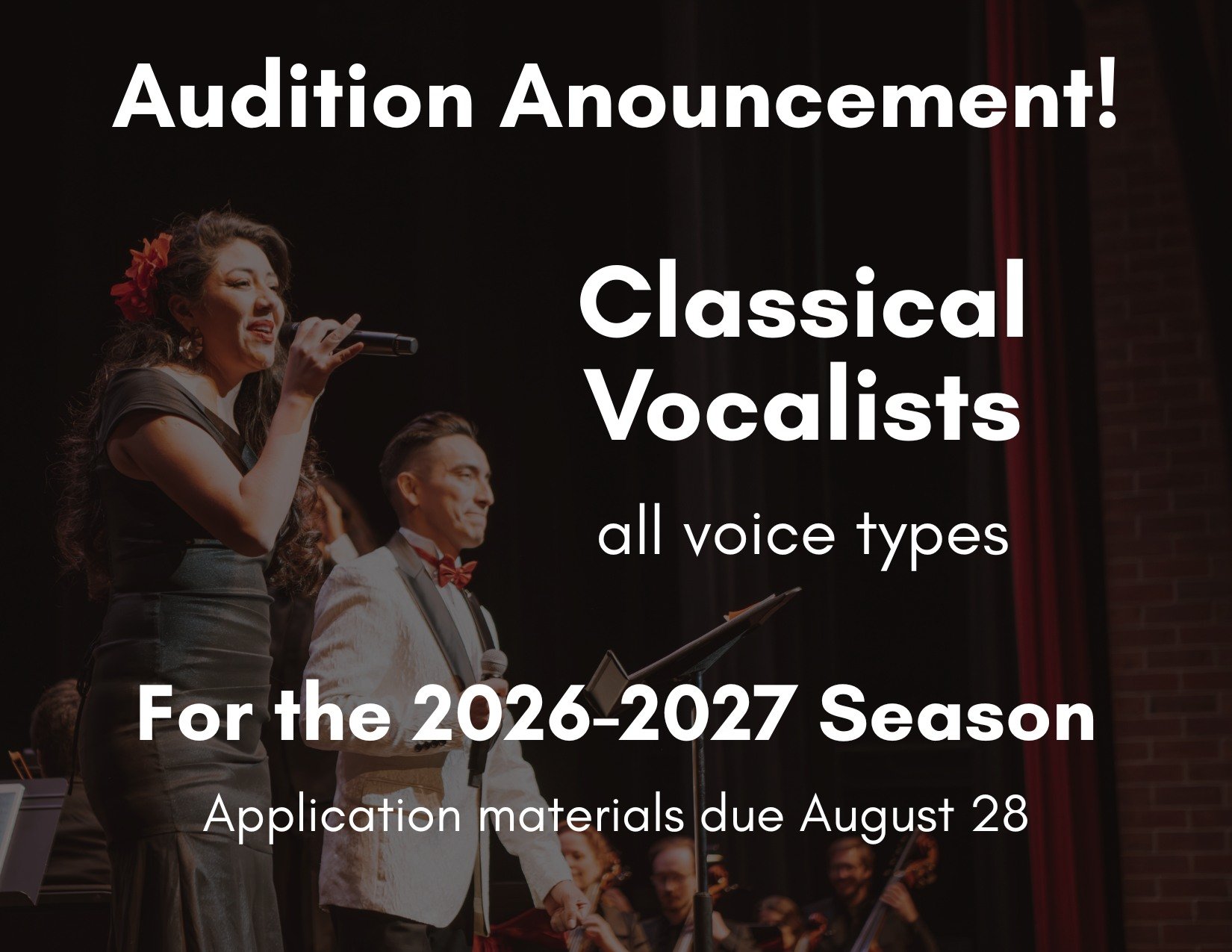 Now accepting applications from vocalists for the 2026-2027 GPO season!

Tenor: "Vesti la giubba" (December 4-5, 2026) $400
All voice types: Beethoven's Symphony No. 9 (April 22-24, 2027) $600

Applications due August 28, 2026.

For more de
