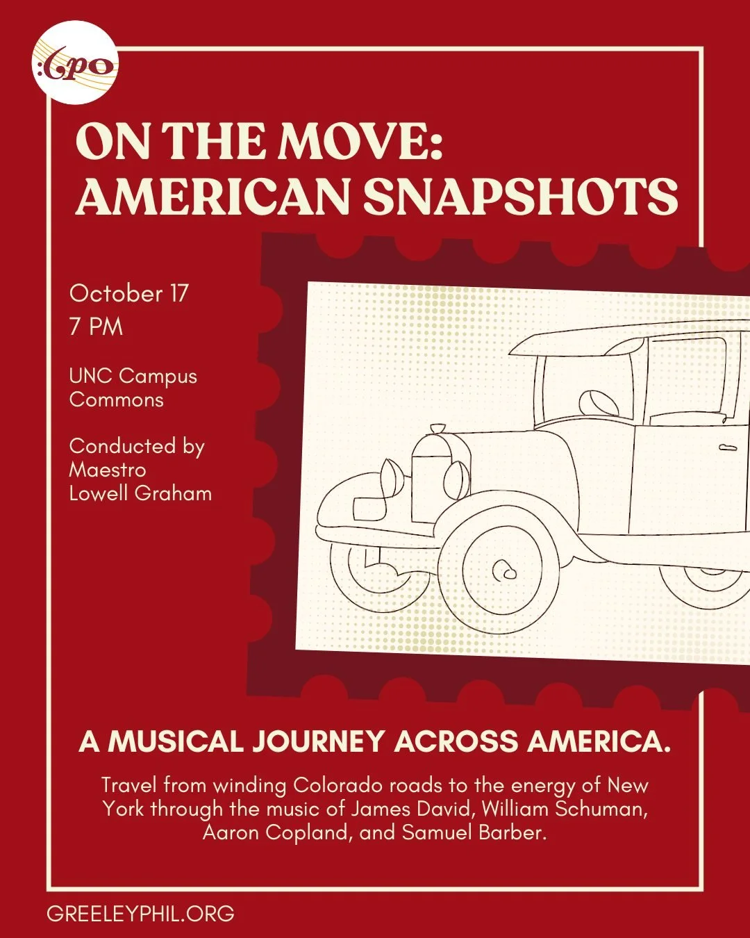 ✨Concert Spotlight✨
ON THE MOVE: AMERICAN SNAPSHOTS

Take a musical journey across America with the Greeley Philharmonic! From winding Colorado roads to the sounds of New York, experience an evening of storytelling through distinctly American music.
