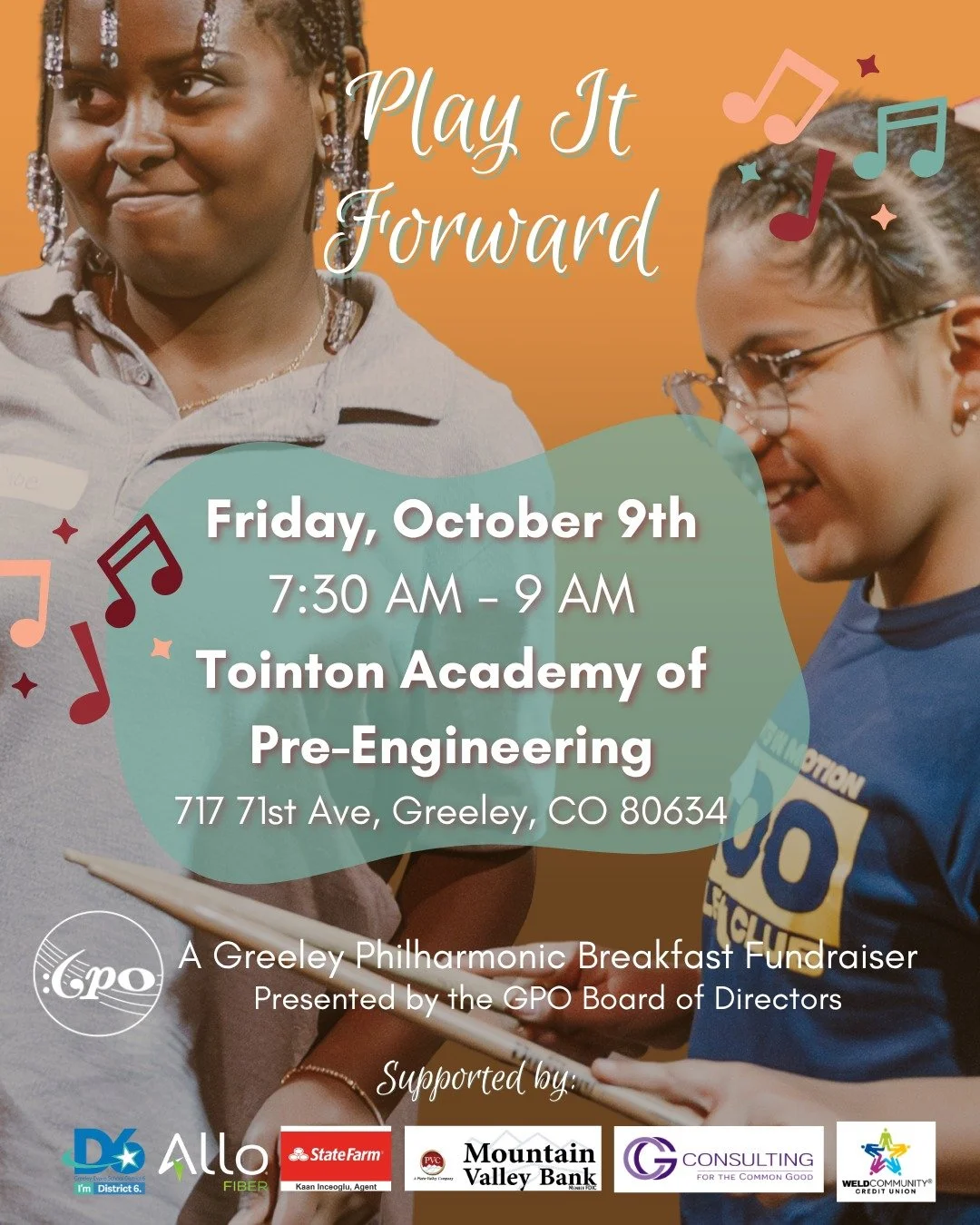 The GPO needs your help to impact 1,000+ youth this season!
Join us for the Play it Forward breakfast on October 9th. 
Learn more and RSVP at greeleyphil.org/play-it-forward
