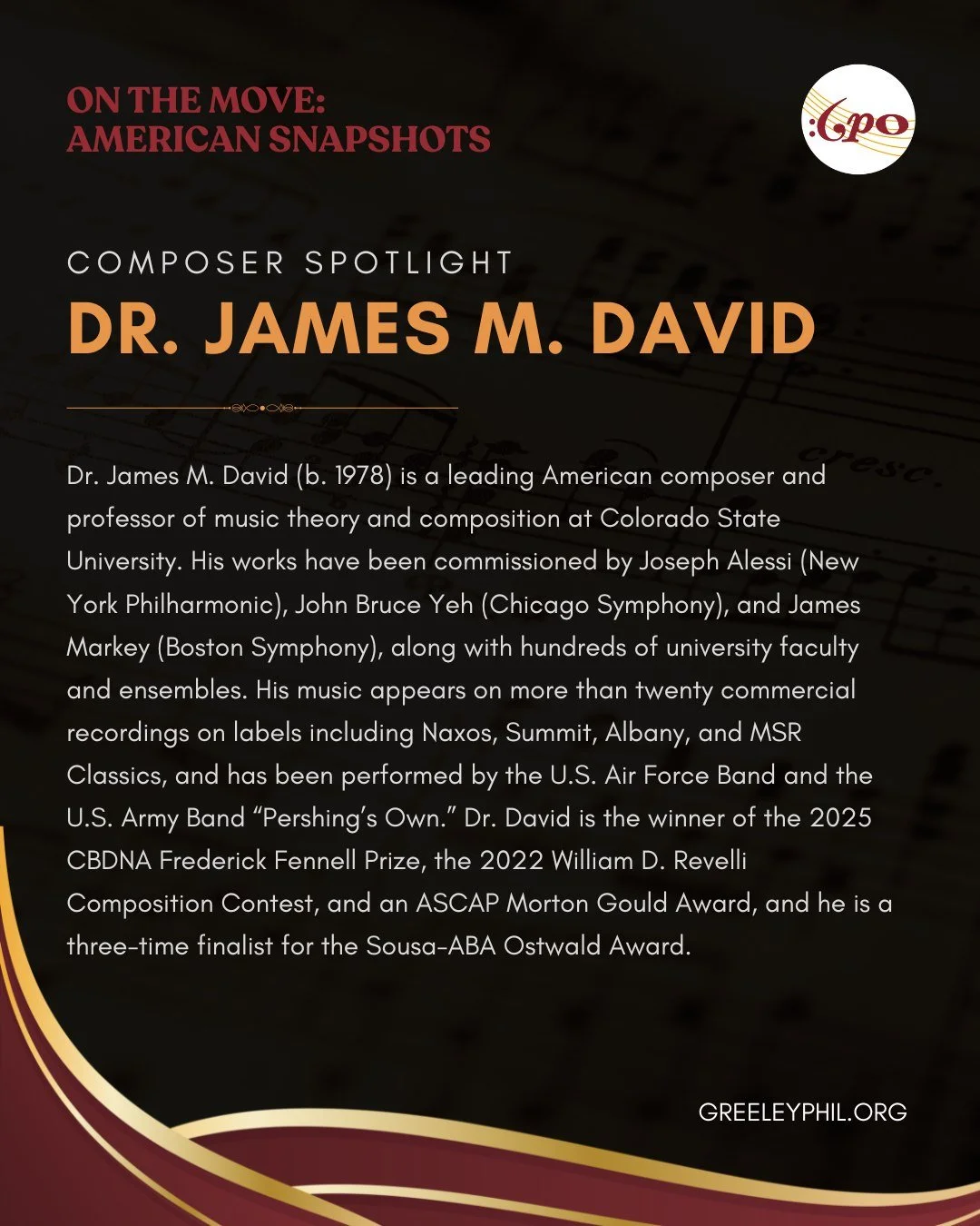 Composer Spotlight: Dr. James M. David 🎶

We&rsquo;re thrilled to shine a light on Dr. James M. David, one of America&rsquo;s leading composers and a professor at Colorado State University, right here in our Northern Colorado backyard! His music has