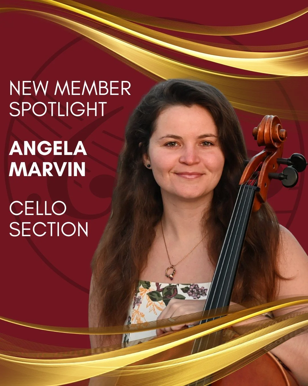 One more new member before the first GPO concert of the 2026-2027 season (TONIGHT)!

Angela Marvin joins the GPO as the newest cello section member. She earned her M.M. and B.M. degrees in Cello Performance from the Bob Cole Conservatory of Music in 