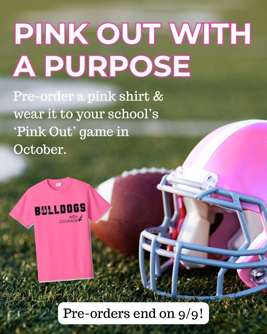 Pre-orders close tomorrow, 9/9! Grab a shirt for your school&rsquo;s Pink Out game and show your support for local families impacted by breast cancer. Shirts are available for Wildcats, Spartans, Warriors, Pirates, Bulldogs, Bruins, Tigers &amp; Griz