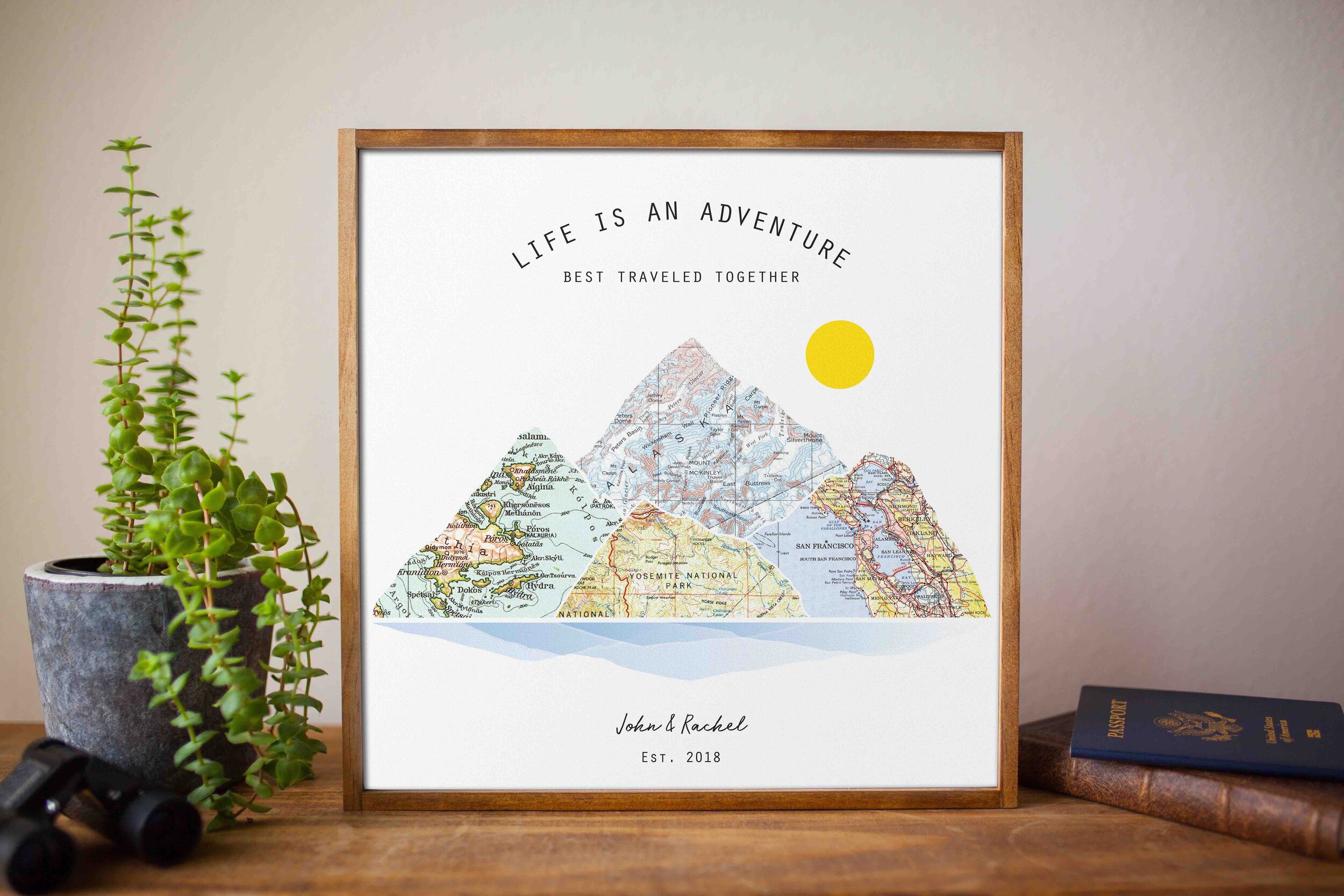 Wedding Gift & Anniversary Gift for couples Custom Travel Poster Personalized Adventure Map™ Print 3-13 locations mountain wall art
