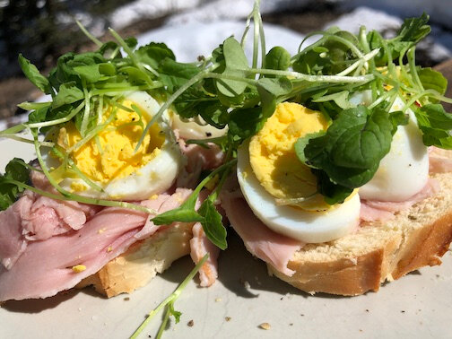 Freshly baked bread, smoked ham, hard boiled eggs and 41North micro green mustard greens.