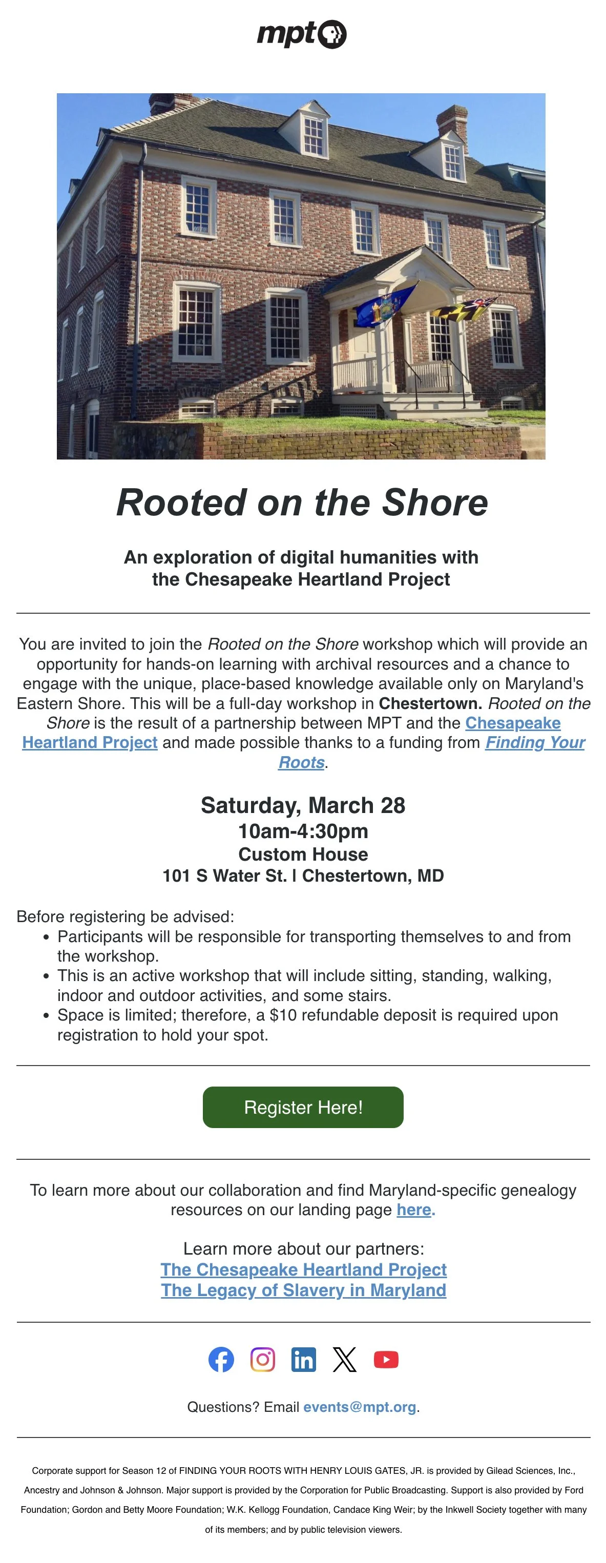 flier announcement of the rooted on the shore workshop at the miller library at washington college in chestertown maryland