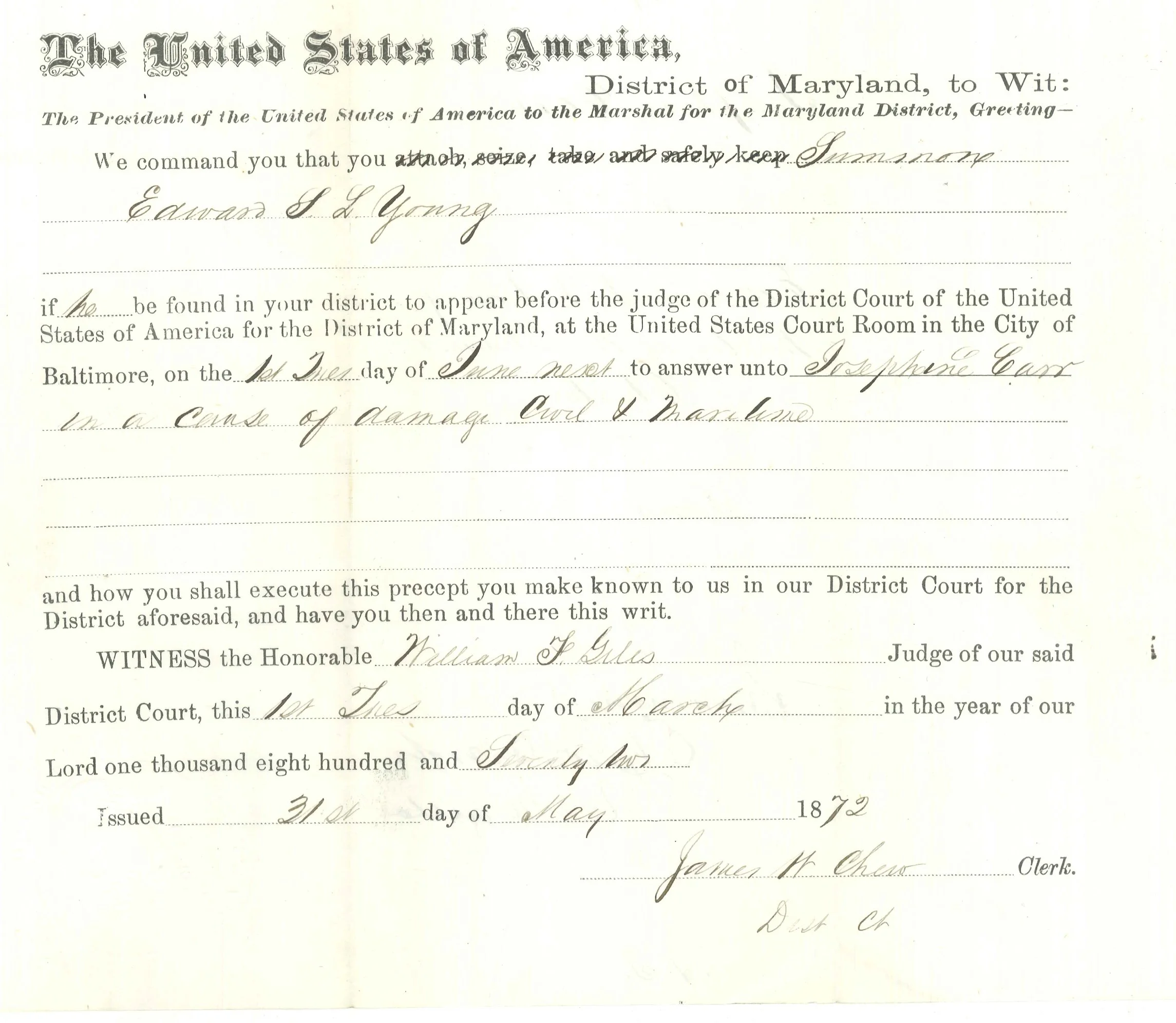Josephine Carr USA Court document 1872