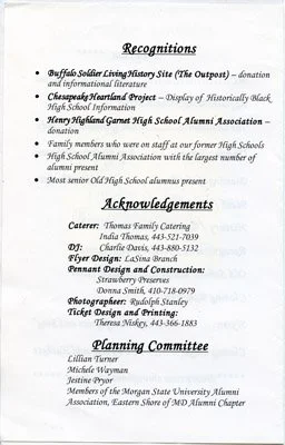 Final service page for the program of the old high school social program page 2 with a list of the Black High Schools on the Delmarva Peninsula, april 18, 2026
