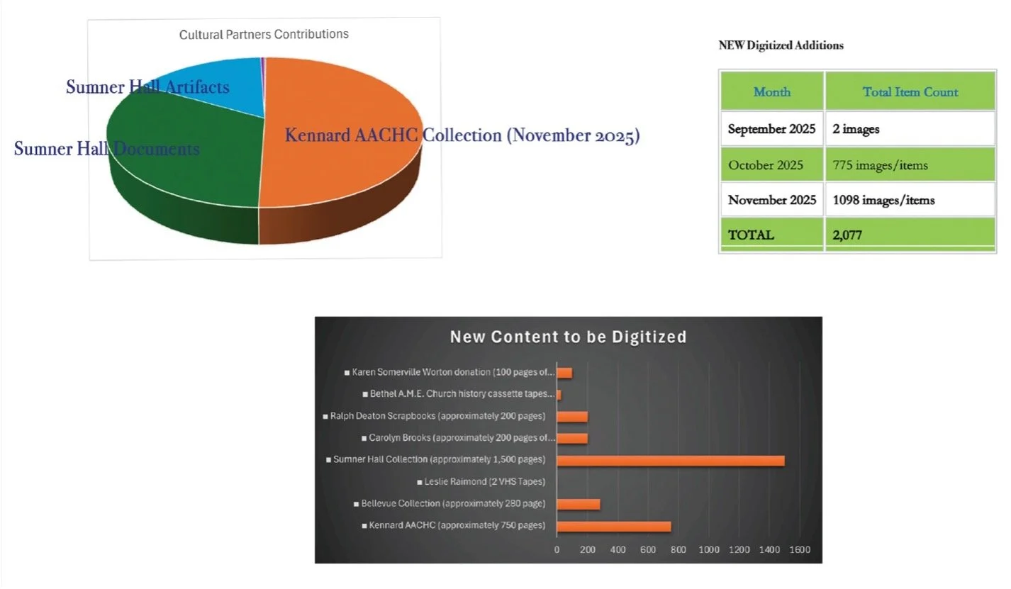three pie and bar graph charts to describe the among and types of content donated to the Starr Center for digitization
