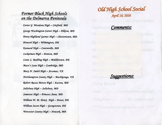 old high school social program page 2 with a list of the Black High Schools on the Delmarva Peninsula