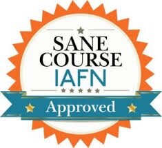 Sane Course IAFN Approved badge with orange sunburst border, white background, black and blue text, and blue ribbon