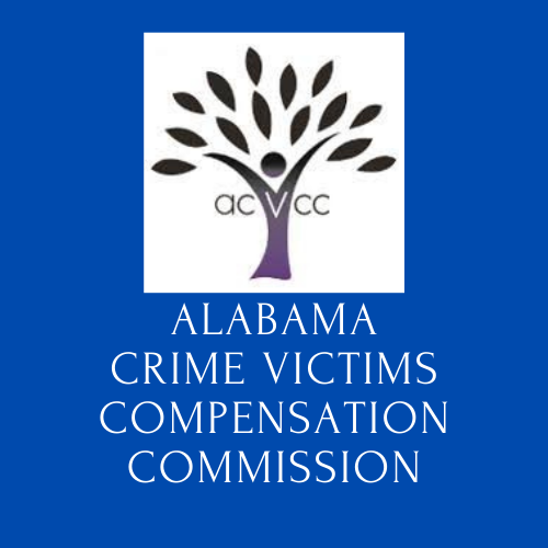 Logo of Alabama Crime Victims Compensation Commission with a stylized tree and the text 'ALABAMA CRIME VICTIMS COMPENSATION COMMISSION' on a blue background.