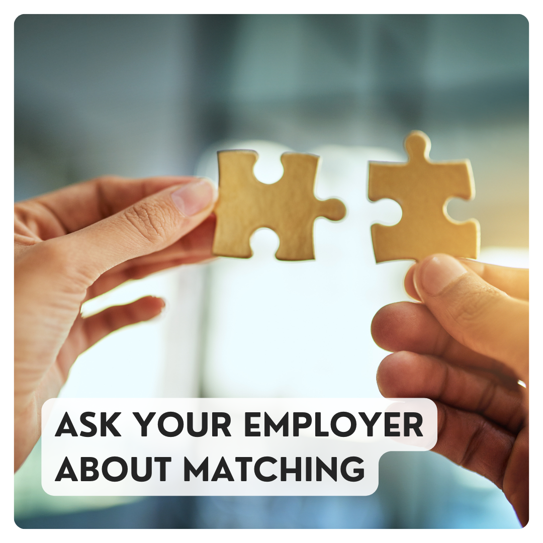 Ask your employer about matching: hands hold peach-colored puzzle pieces.