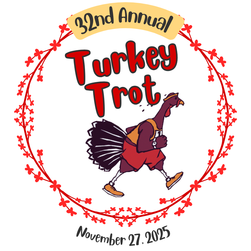 Logo for the 32nd Annual Turkey Trot event on November 27, 2025, featuring a cartoon turkey running, surrounded by red floral decorative border, with event title and date.