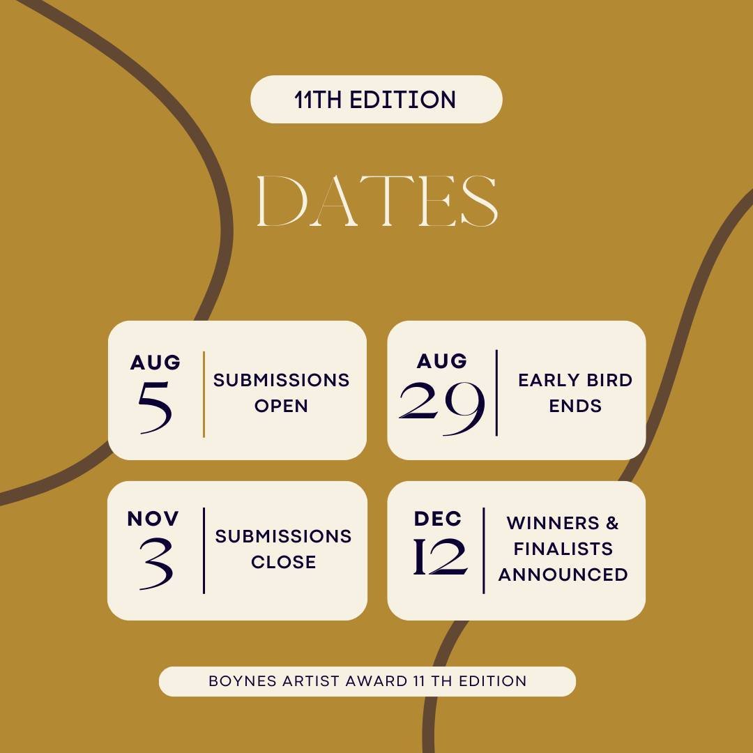 🎨 Exciting news for artists! 🌟 Mark your calendars for the upcoming 11th edition of the Boynes Artist Award! Here are the important dates:⁠
⁠
📅 Submissions Open: Monday 5th August, 2024⁠
🐦 Early Bird Ends: Thursday 29th August, 2024⁠
🚪 Submissio