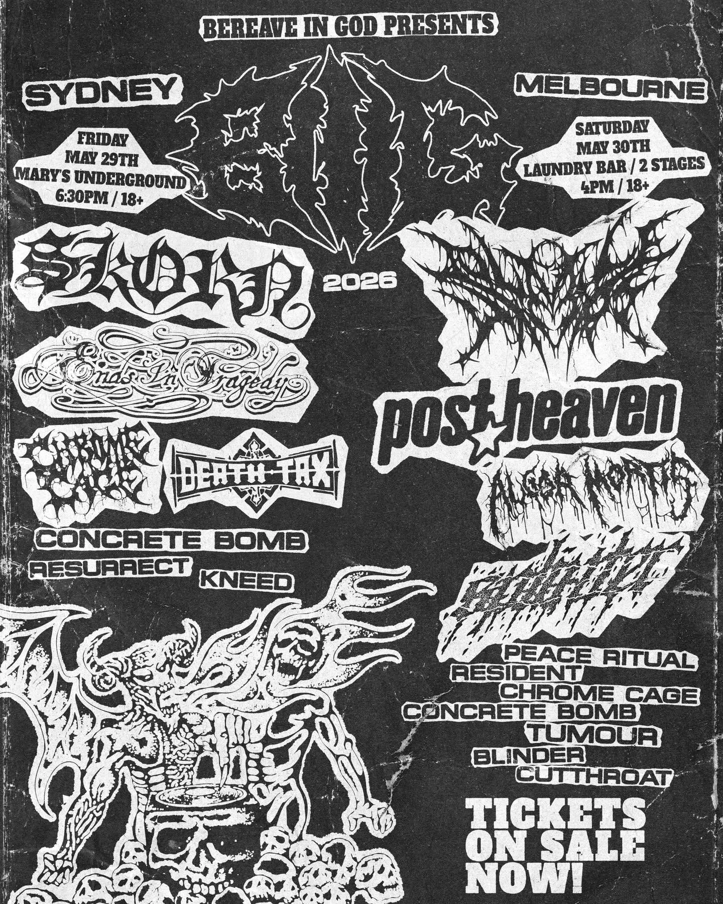 SAT 30/05: Bereave In God Records present BIG Melbourne 2026, a showcase of some of the labels best artists and select favourites from around the country.

Promoting heavy, mosh forward music is the drive of BIG and this is shown in the line up, a mi