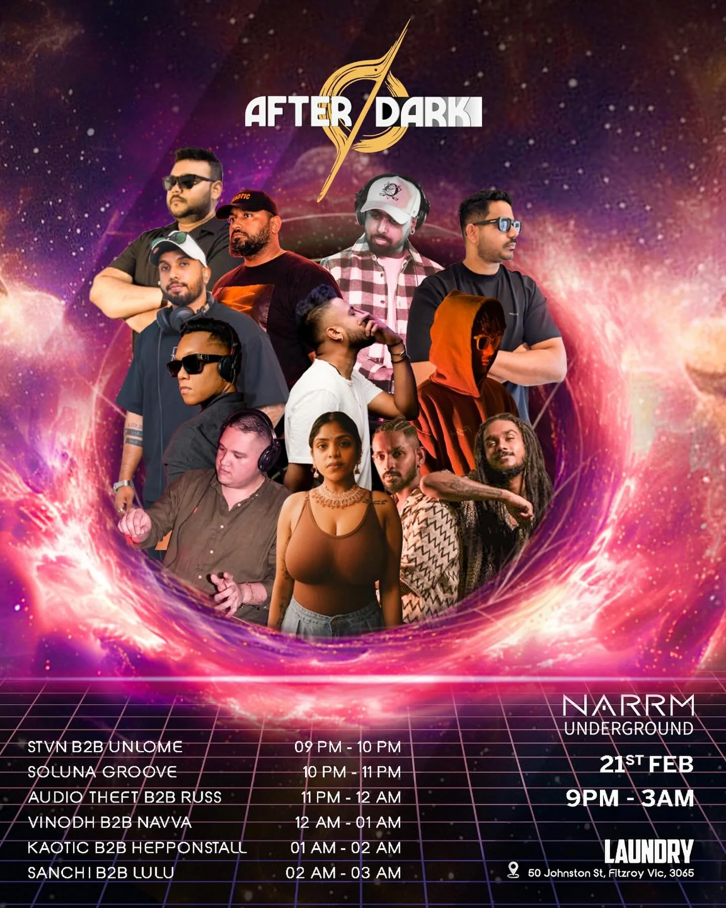 SAT 21/02: 12 DJs unite across six b2b sets, creating one evolving journey. Dynamic, intentional flow. Narrm Underground: After Dark-championing local talent &amp; community.